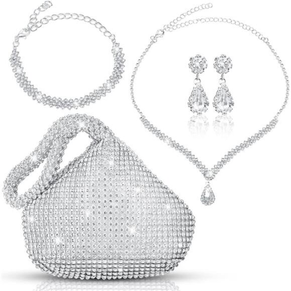 4 Pcs Silver Clutch Purse Jewelry Set Shiny Style